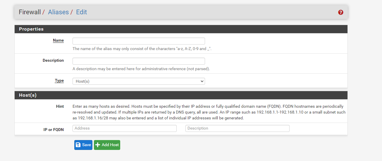 Alias creation form menu. There are boxes for Name, Description, Type, IP.