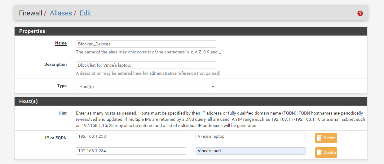 Image of Pfsense completed alias form.